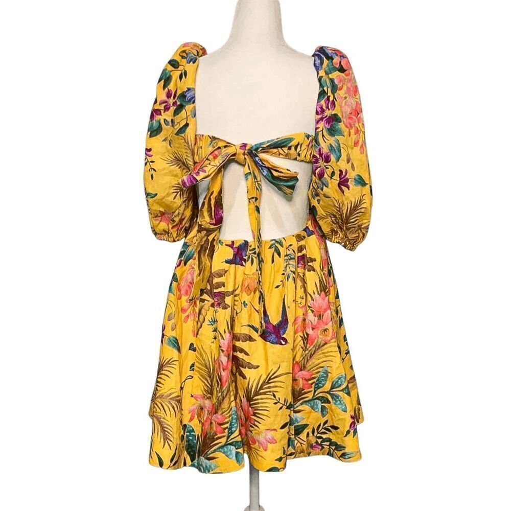 Zimmermann Tropicana Floral Linen Cut-Out Printed Yellow Mini Dress AU 0, US 4 - Picture 4 of 10